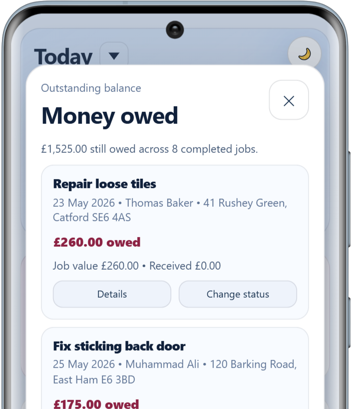 HandyMinder money owed screen