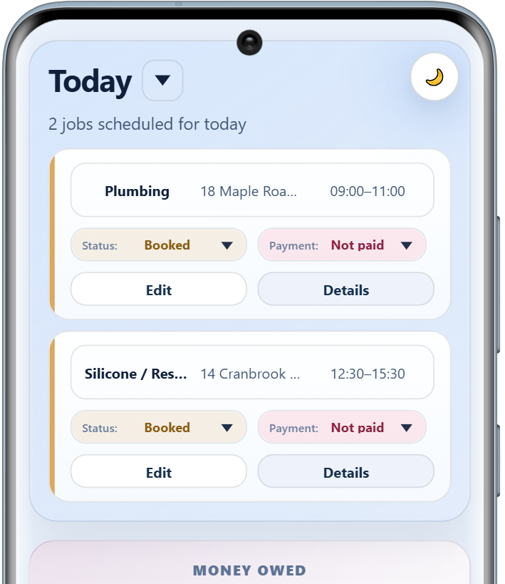 HandyMinder upcoming jobs screen